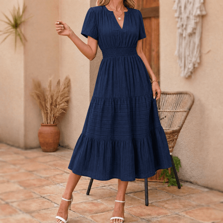 Vivara™ – Flowing V Neck Summer Maxi Dress Navy / S
