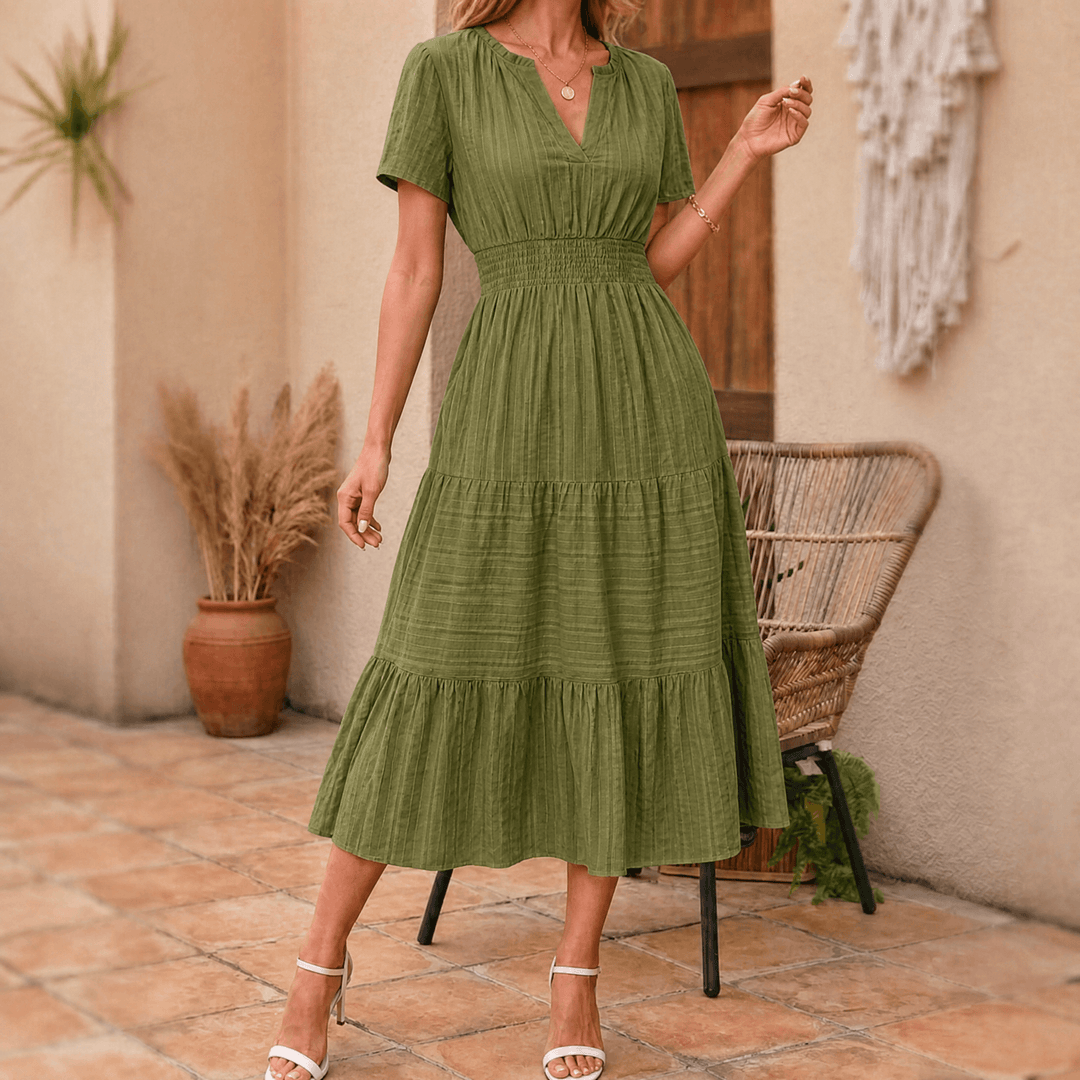 Vivara™ – Flowing V Neck Summer Maxi Dress Olive / S