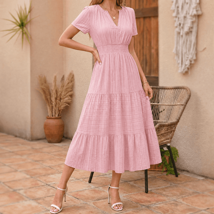 Vivara™ – Flowing V Neck Summer Maxi Dress Pink / S