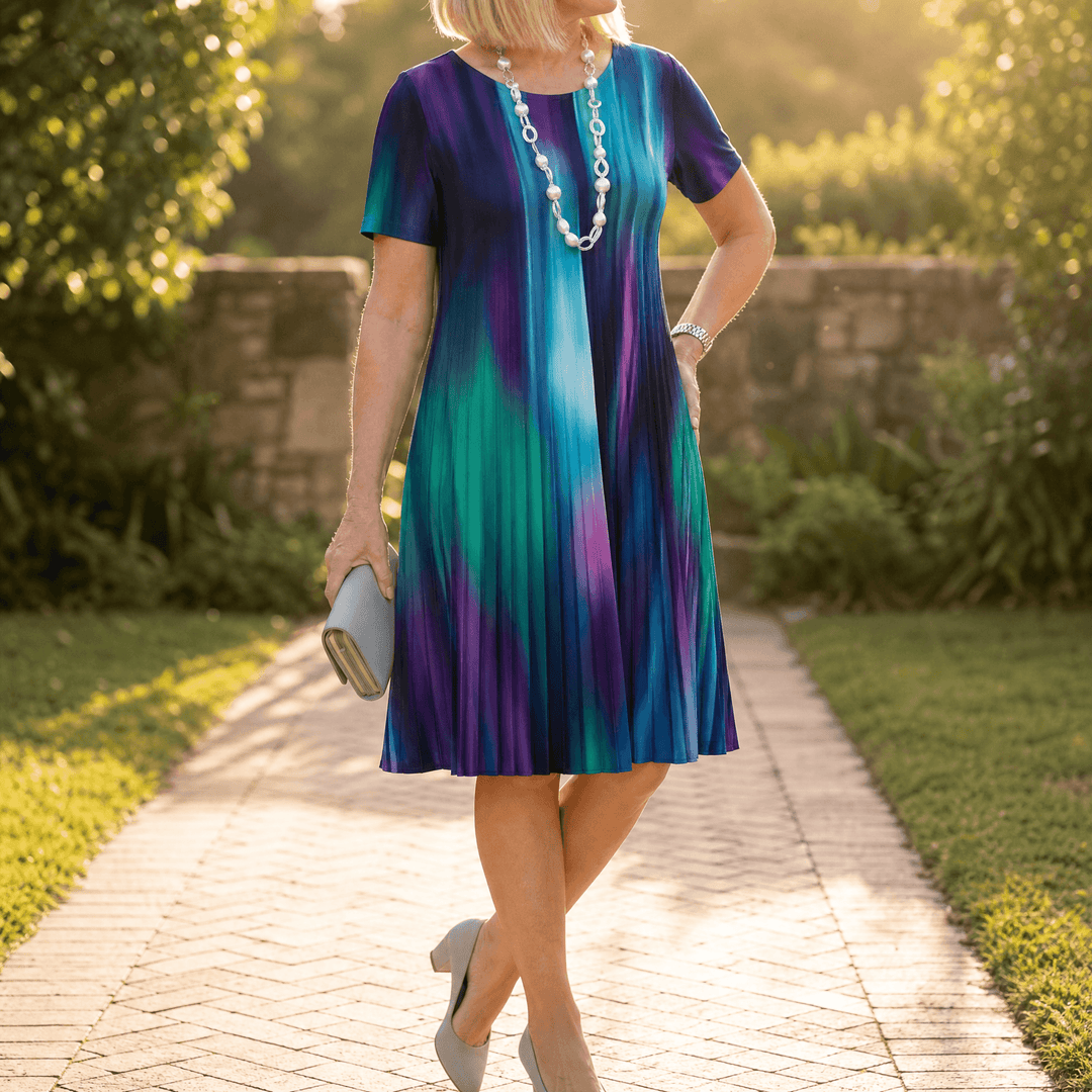 Vivara™ – Pleated Gradient Print Dress Teal Aurora / S