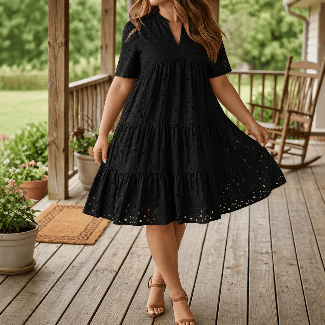 Wearbella™ – Flowy V-Neck Eyelet Dress for Curvy Fit Black / S