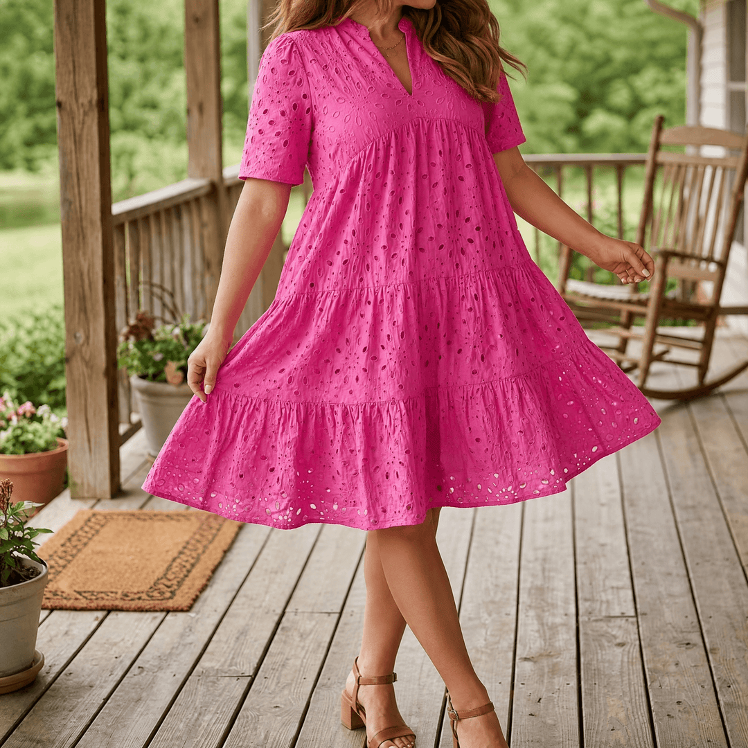 Wearbella™ – Flowy V-Neck Eyelet Dress for Curvy Fit Hot Pink / S