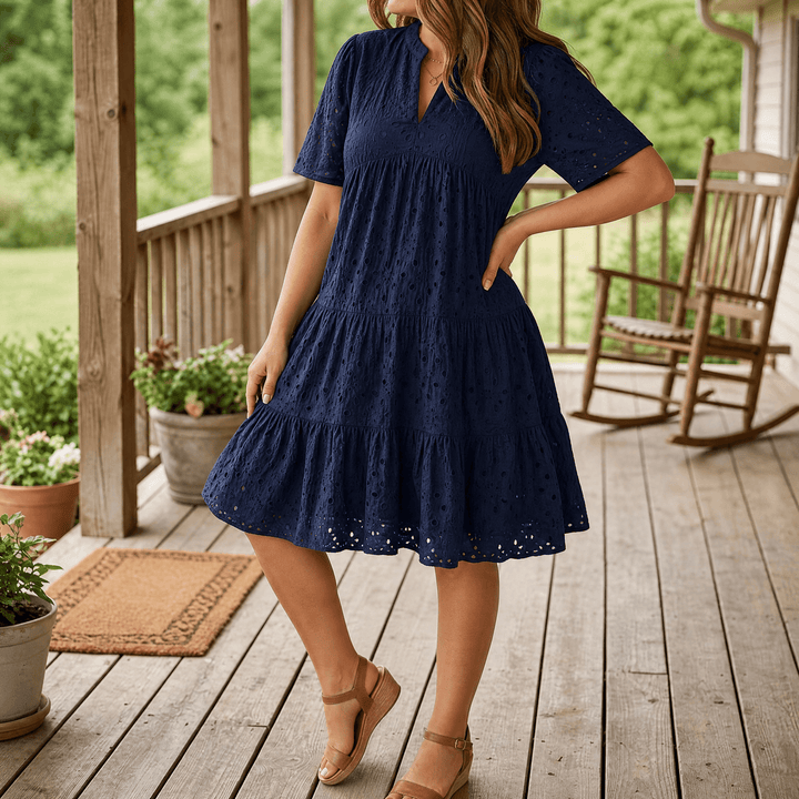 Wearbella™ – Flowy V-Neck Eyelet Dress for Curvy Fit Navy Blue / S
