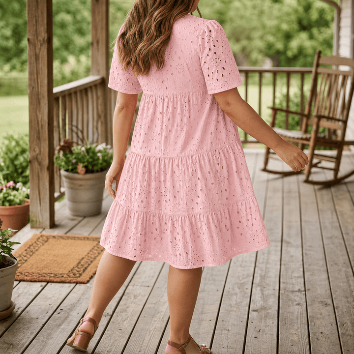 Wearbella™ – Flowy V-Neck Eyelet Dress for Curvy Fit Soft Pink / S