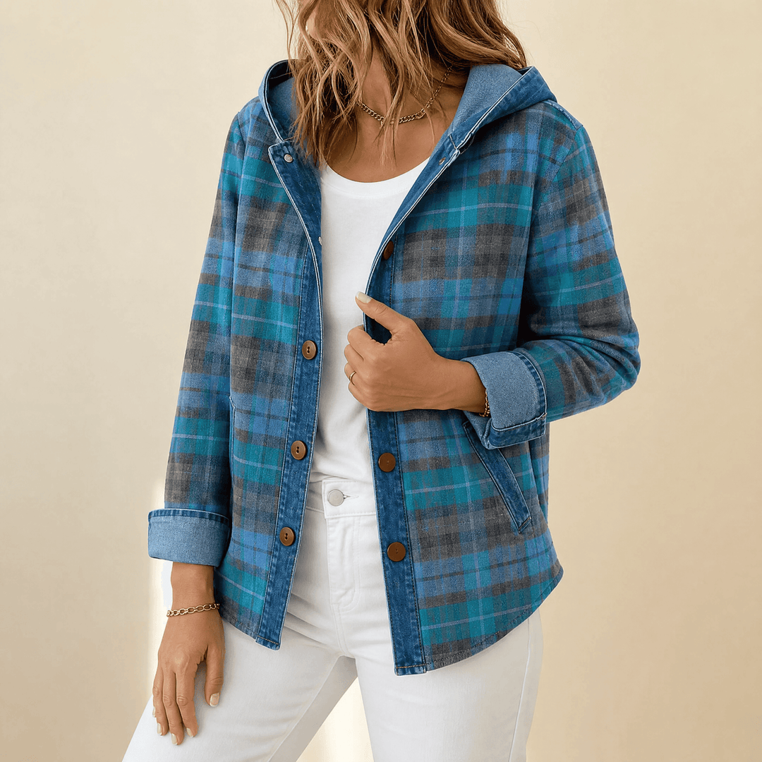 Weslyn™ - Contrast Denim Plaid Hooded Jacket Blue / S