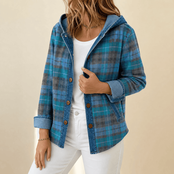 Weslyn™ - Contrast Denim Plaid Hooded Jacket Blue / S