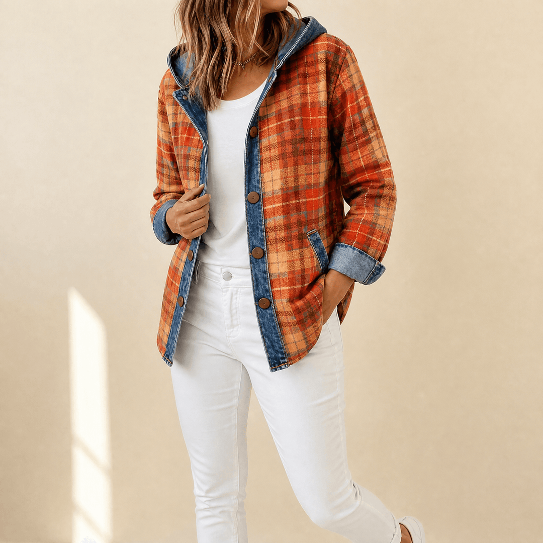 Weslyn™ - Contrast Denim Plaid Hooded Jacket Red orange / S