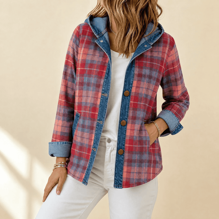 Weslyn™ - Contrast Denim Plaid Hooded Jacket Red / S